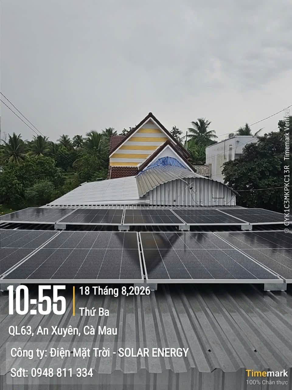 Toàn cảnh mái nhà sau lắp đặt – Điện mặt trời lưu trữ 5,67kWp – QL63, P. An Xuyên, Cà Mau