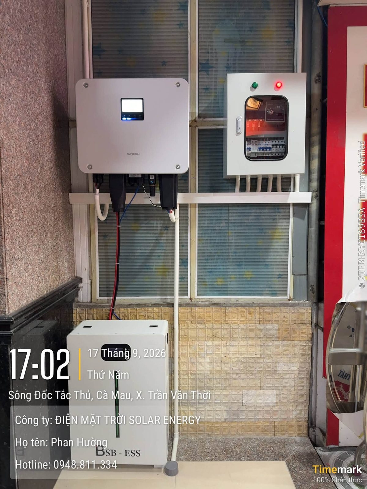 Biến tần Sungrow, tủ điện & pin BSB-ESS – Điện mặt trời lưu trữ 7,56kWp – Nhà VLXD, X. Trần Văn Thời